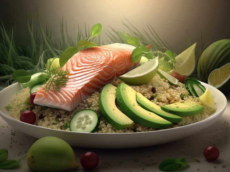 Leckeres Lachs-Quinoa-Salat mit Avocado und Spinat