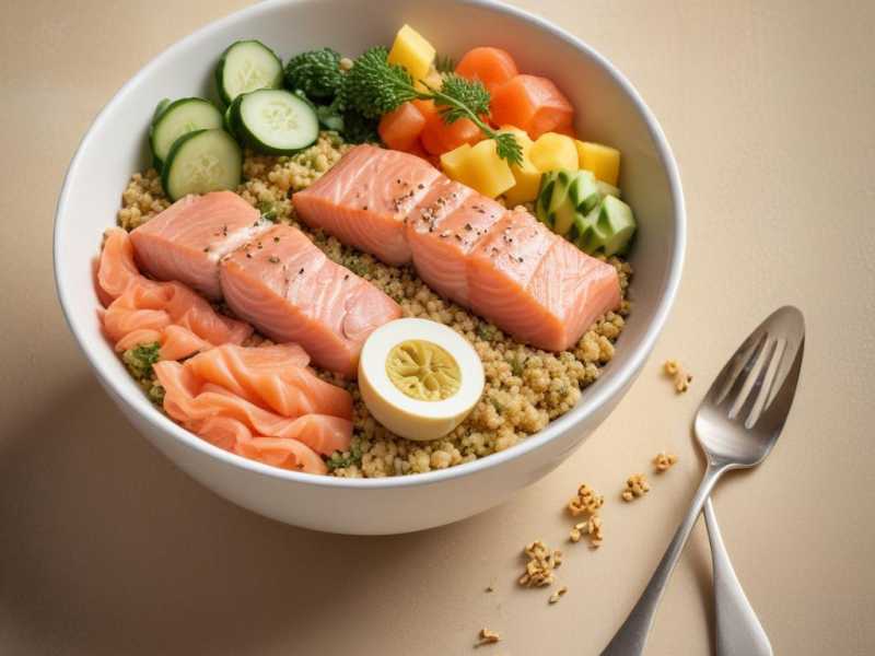 Leckere, vitaminreiche Quinoa-Bowl mit Sonnenblumenöl und Lachs