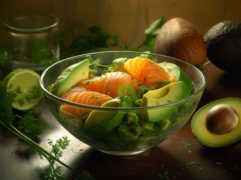 Leckere Avocado-Salatschüssel mit Lachs und K2-Pesto